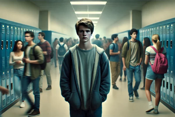 A blurred image of a crowded school hallway, emphasizing the feeling of isolation in a crowd.