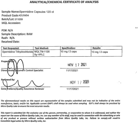 Spermidine Supplement (10mg of 99% Spermidine 3HCL – Third Party Tested) 120 Capsules