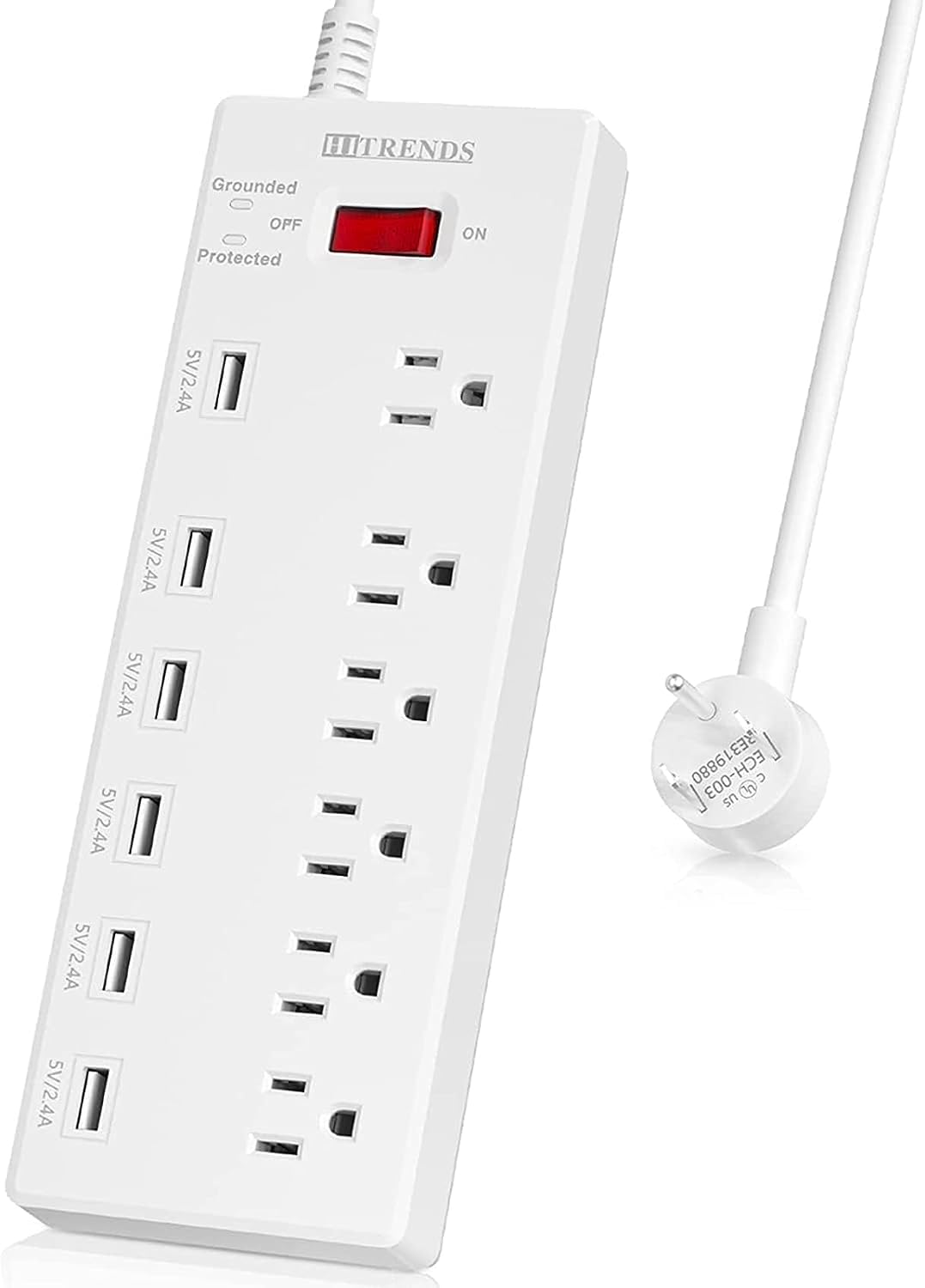 HITRENDS Surge Protector Power Strip 6 Outlets with 6 USB Charging Ports, USB Extension Cord, 1625W/13A Multiplug for Multiple Devices Smartphone Tablet Laptop Computer (6ft, white)