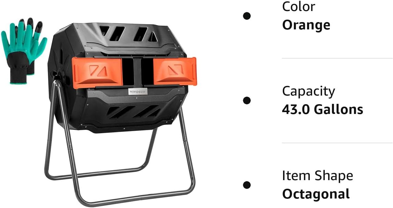 VIVOSUN Outdoor Tumbling Composter Dual Rotating Batch Compost Bin, 43 Gallon Orange Door