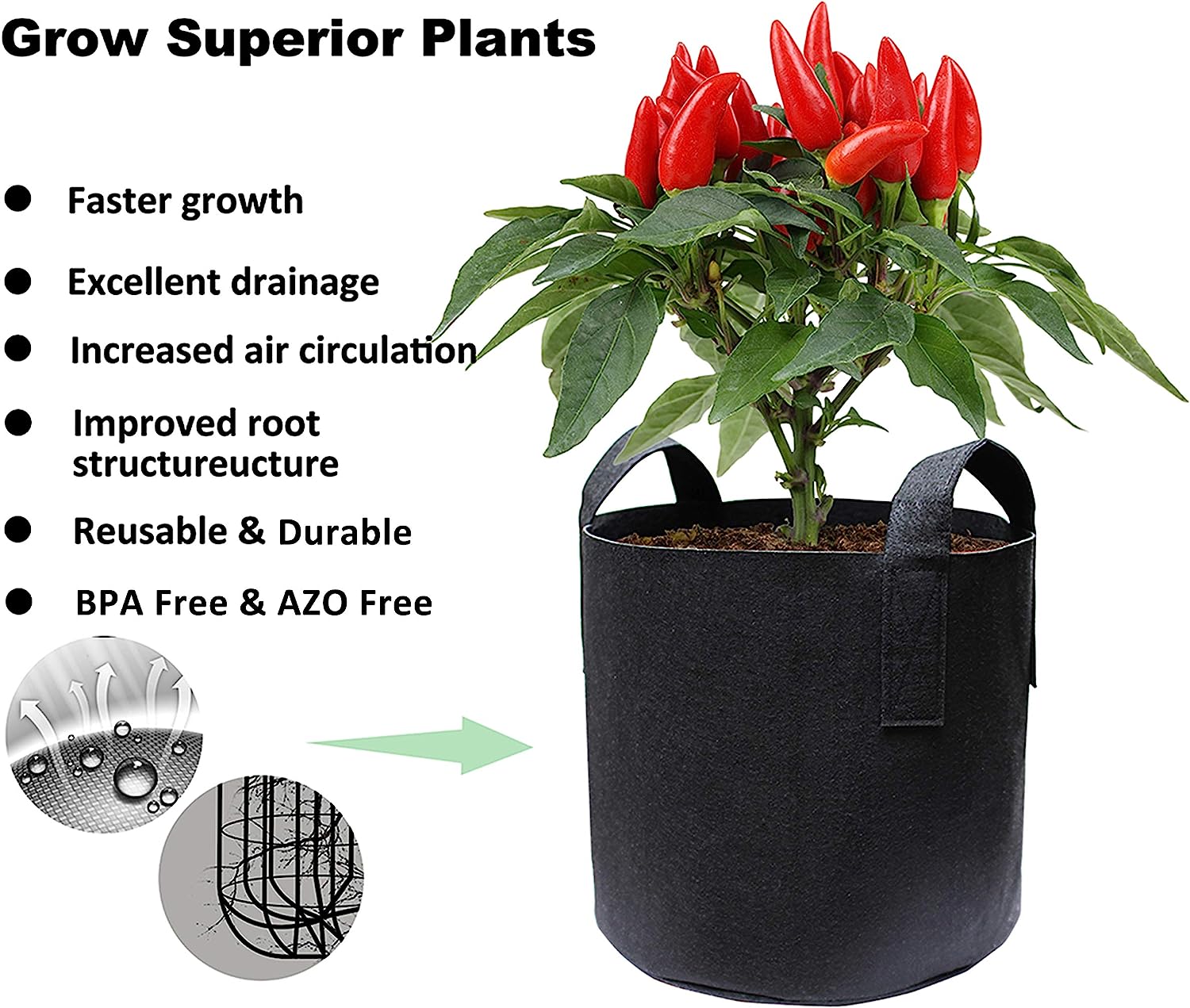 Gardzen 10-Pack 5 Gallon Grow Bags, Aeration Fabric Pots with Handles